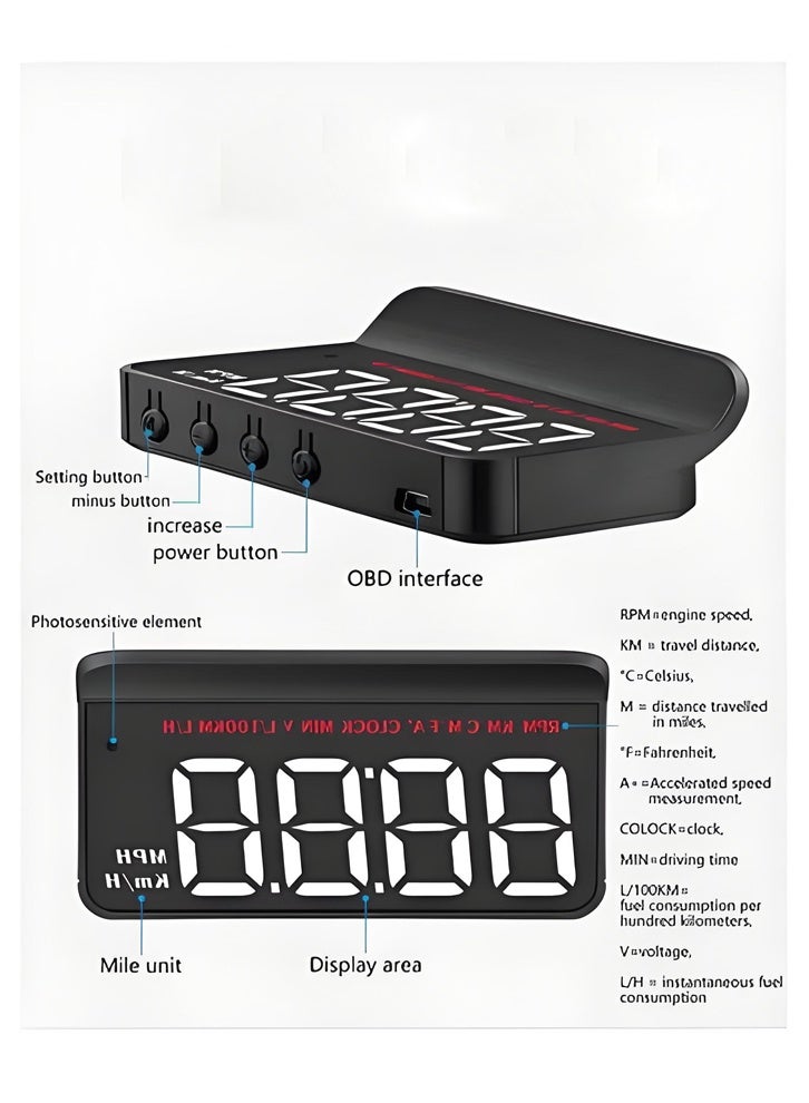 Car HUD Display, Windshield Projection Heads Up Display, OBD2 Smart Gauge High Definition Speedometer Car Diagnostic Tool, Digital Speedometer with Speed/RPM/Voltage/Temperature Alarm Displayer - Image 2